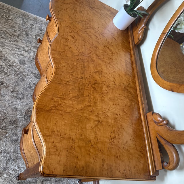 Antique 19th Century Birdseye Maple Serpentine Vanity Dresser With Beveled Pivoting Mirror For Sale - Image 9 of 10