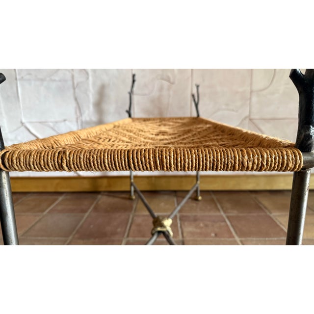 Vintage 1980’s Organic Modern Geometric Woven Rope Bench, Hand Crafted Bronze Tone Twig Legs/Stretchers Accented With Gold, Nod to Audoux-Minet For Sale - Image 9 of 12