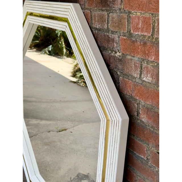 Late 20th Century 1980’s White Lacquered Faux Bamboo & Brass Hexagonal Wall Mirror -Newly Painted For Sale - Image 5 of 11