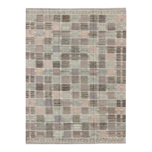 Scandinavian Flat Weave Rug in Neutral Colors Modern Checkerboard by Keivan Woven Arts For Sale