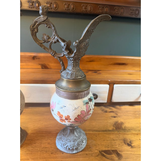 Statement Antique Victorian Spelter & Hand-Painted Ceramic Mantel Ewers - A Pair For Sale - Image 15 of 17