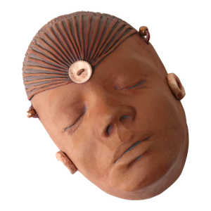 Signed 90s Fine Art Hand-Formed Unglazed Earthenware Wall Sculpture of Face With Decorative Accents
