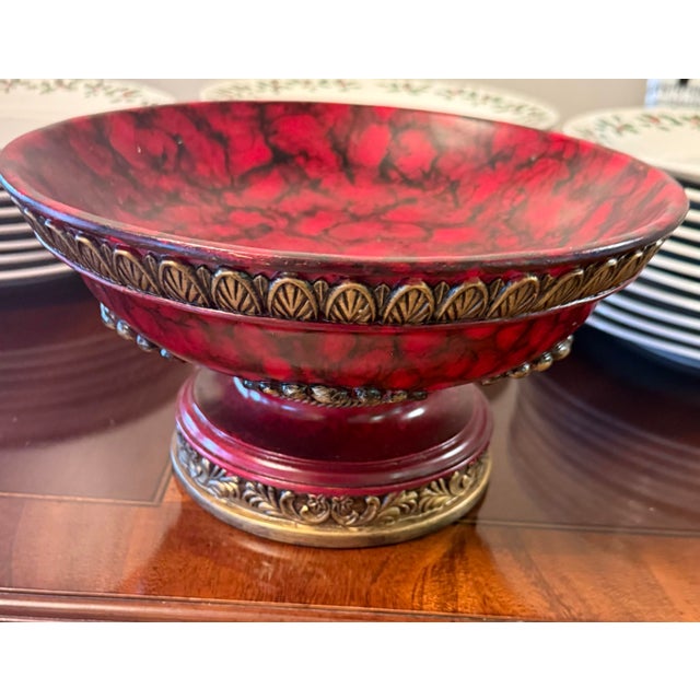 Metal Vintage Red Marble-Style Pedestal Elegant Compote Bowl With Ornate Brass Finish For Sale - Image 7 of 7