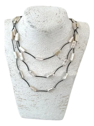 Multi-Strand Cultured Pearls and Sterling Silver Necklace Featuring Elongated Beads Cylindrical Beads