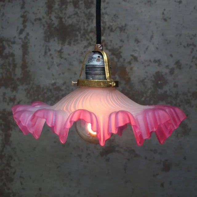 French Art Nouveau glass lamp Brass bulb holder with pink satin glass shade. 2 meter black cotton flex E27 / E26 Up to...