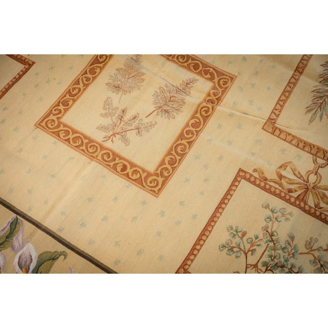 1980s 8x10 Vintage Aubusson Flat Weave Wool Rug, Ivory Botanical Panel For Sale - Image 5 of 13
