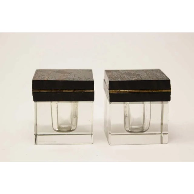 Wood Art Deco Inkwells in Macassar Wood and Crystal, Jacques Adnet Style For Sale - Image 7 of 13