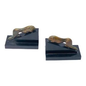 French Art Deco Sea Lions Bookends in Bronze and Marble, 1940