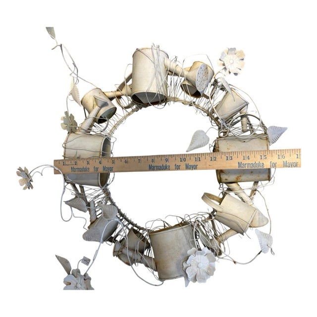 Late 20th Century Sculptural Metal Garden Wreath With Watering Cans & Weathered Patina For Sale - Image 12 of 12