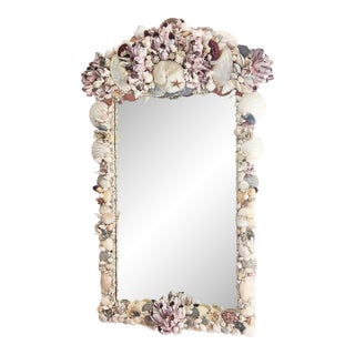 Seashell Encrusted Wall Mirror, Coastal Grandma Decor, Scallop Shell Accent For Sale