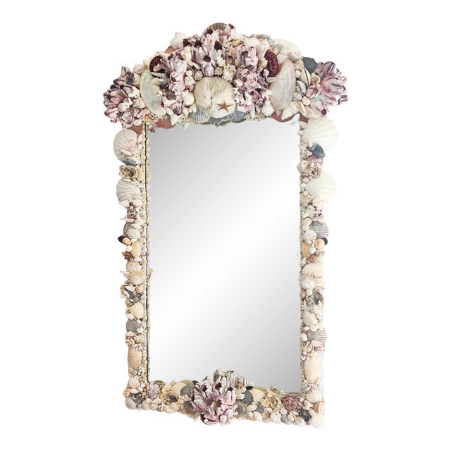 Seashell Encrusted Wall Mirror, Coastal Grandma Decor, Scallop Shell Accent For Sale