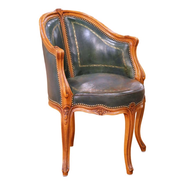 19th Century French Louis XV Walnut Desk Armchair With Green Tooled Leather For Sale