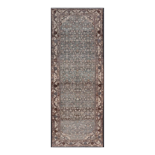 Antique Persian Malayer Runner With All Over Herati Design in Blue and Brown For Sale