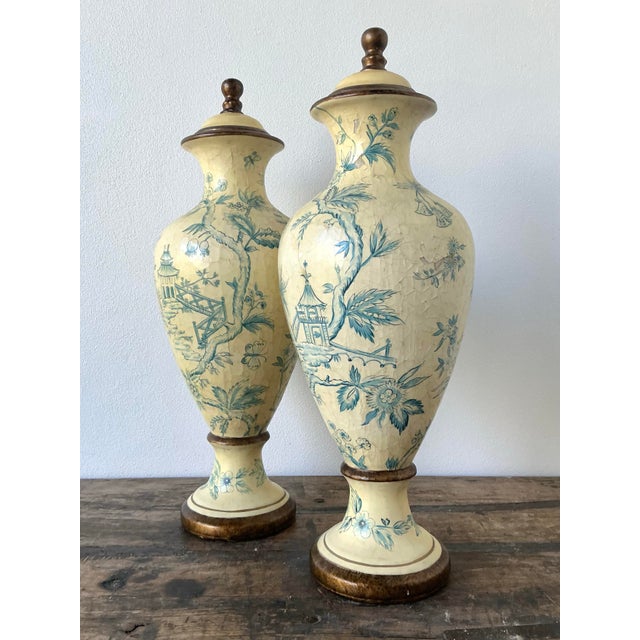 Vintage Crackle Finish Blue Willow Urns - A Pair For Sale - Image 12 of 12