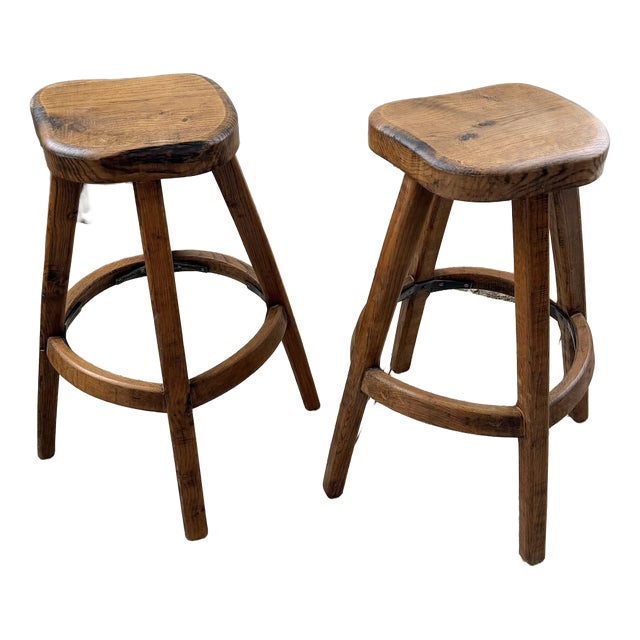 Vintage Oak Stools by Henri Bataille, 1960s, Set of 2 For Sale