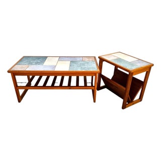 Vintage Mobelfabrikken Toften Danish MCM Solid Teak & Tile Coffee & Side Table For Sale