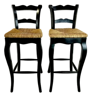 1980s Vintage Boho Chic Farmhouse Rush Seat Ladderback Barstools - A Pair.