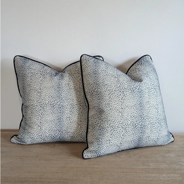 Schumacher indoor/outdoor mini leopard in navy, with navy sunbrella piping. Perfect for outdoors, but also great to use...