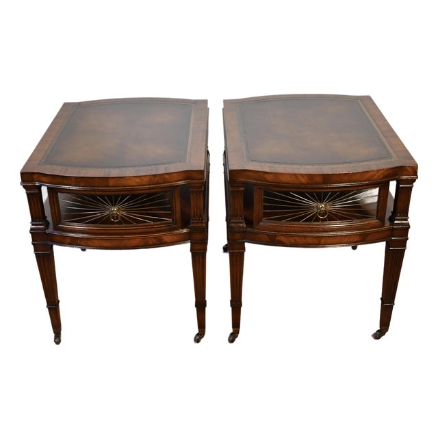 1930s Weiman Regency Mahogany & Leather Top Pair of Side Tables / End Tables For Sale