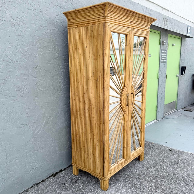 Boho Chic Vintage Boho Chic Penciled Mirrored Starburst Armoire For Sale - Image 3 of 10