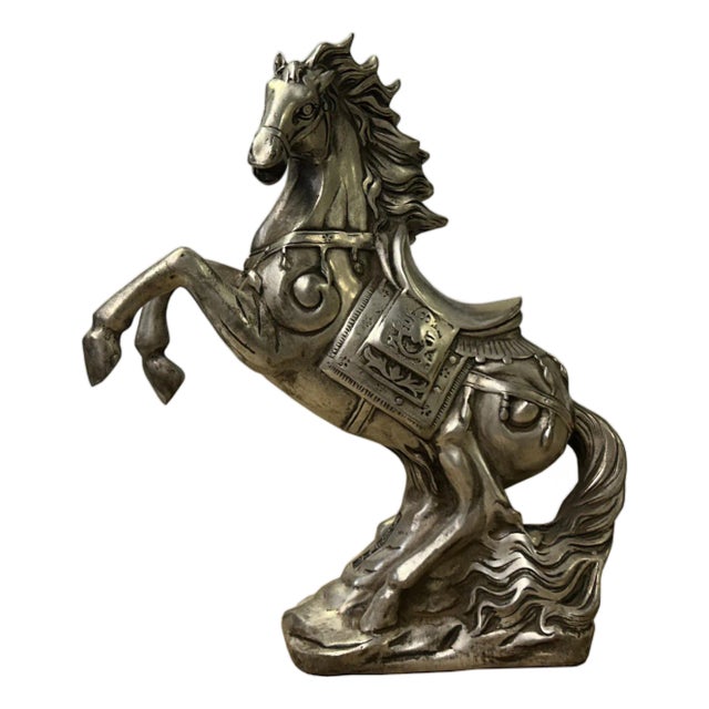 Chinese Silver Pewter Color Mid Rearing Horse Metal Figure For Sale