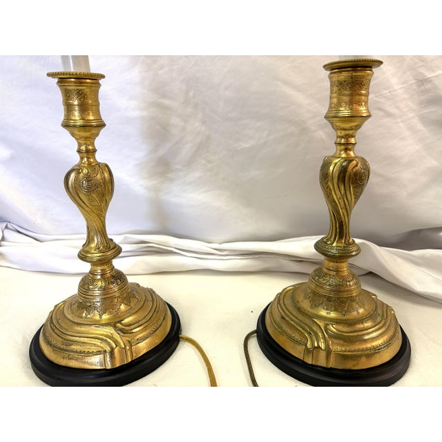 Antique French Art Nouveau Embossed Brass Candlestick Lamps- A Pair For Sale - Image 16 of 18