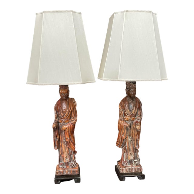 1940s Frederick Cooper Quan Yin Wood Look Table Lamps - a Pair For Sale