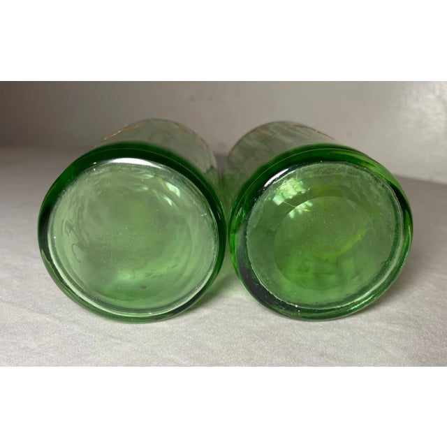 Pair Antique Hand Blown Czech Bohemian Green Gilded Gold Glass Ewer Cruet Vase For Sale - Image 9 of 9