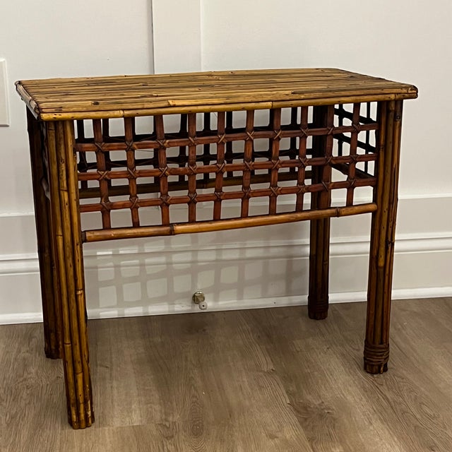 Chinoiserie Vintage Pencil Reed Bamboo Side Table For Sale - Image 3 of 18