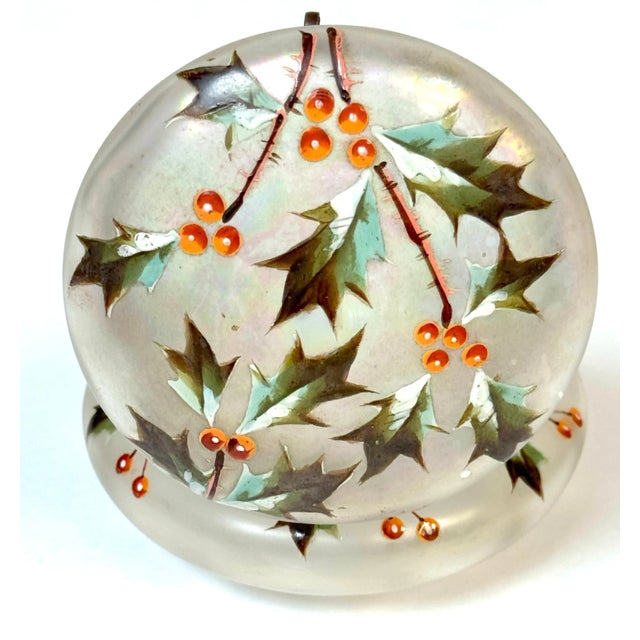 Metal French Style Enameled Holly Motif Frosted Iridescent Box, Style of Daum Nancy For Sale - Image 7 of 10