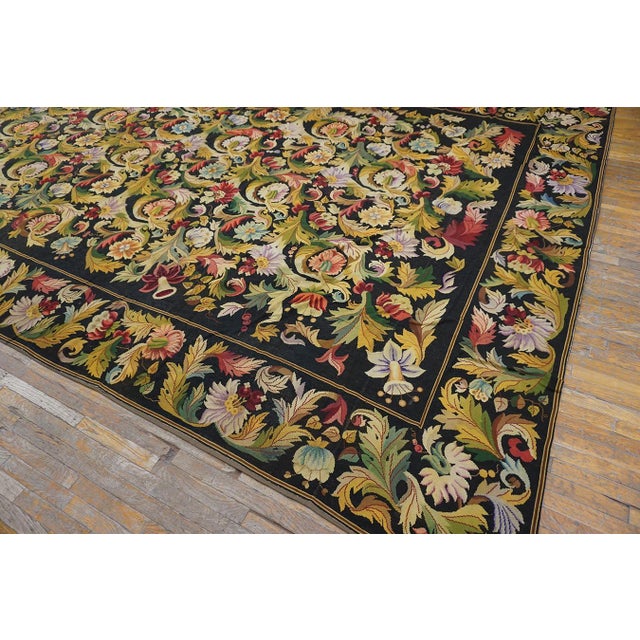 1890s Black Floral Antique European Needlepoint Rug 10'6" X 24'9" Handknotted Wool Carpet For Sale - Image 10 of 11