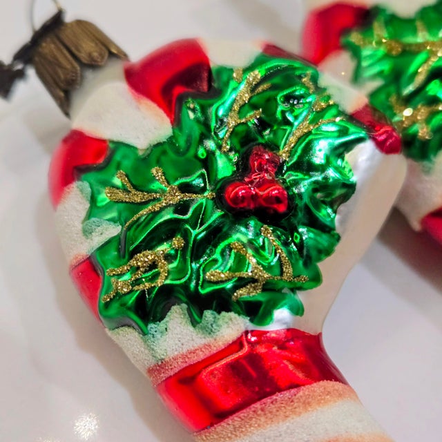 Vintage Neiman Marcus 2002 German Blown Glass Holly Candy Cane Christmas Ornaments, Set of 6 For Sale - Image 4 of 8