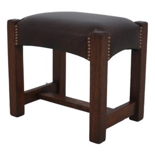 Antique Quaint Stickley Mission Oak Leather Footstool For Sale