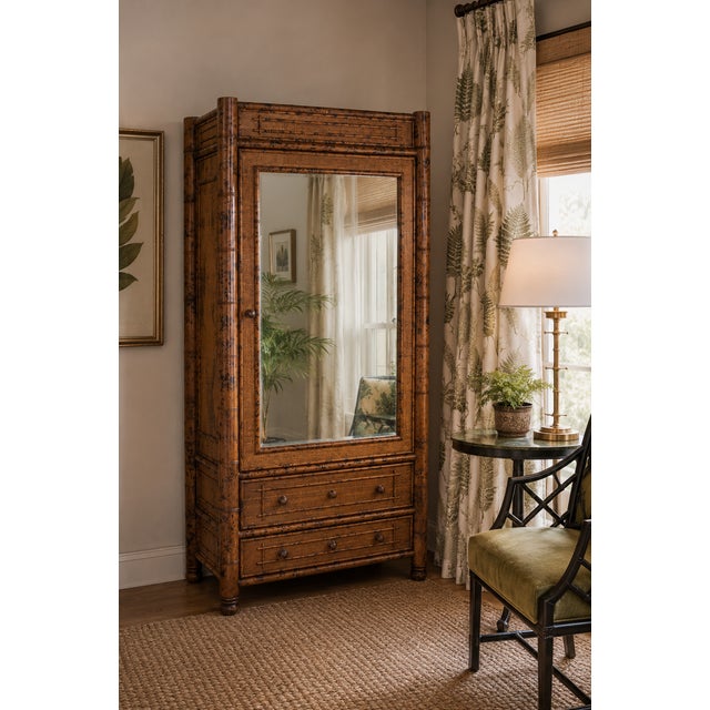 Late 20th Century Italian Bloomingdale’s Victorian Aesthetic Movement Style Burnt Bamboo Cabinet Armoire Linen Press For Sale - Image 5 of 8