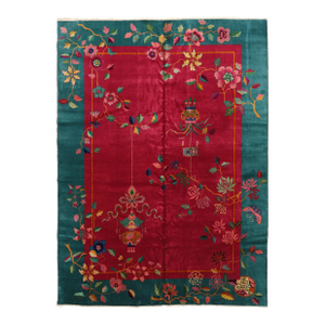 9'x12' Vintage Chinese Art Deco Rug | Red & Green Floral Wool Rug