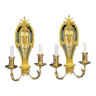 1920 Caldwell Bronze Sconces With Mirror and Cobalt Glass For Sale
