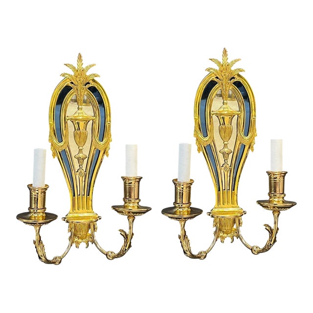 1920 Caldwell Bronze Sconces With Mirror and Cobalt Glass For Sale