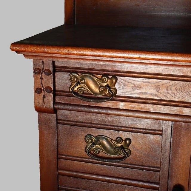 Victorian Antique Eastlake Foliate Chip Carved Walnut Commode With Towel Bar C1910 For Sale - Image 3 of 10