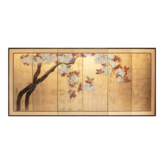 C. 1970s Chinese Six-Panel Gold Leaf Style Painted Screen "Blossoming Plum Tree" For Sale