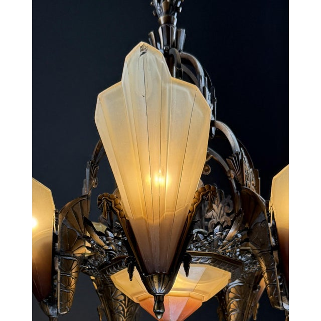 1930s Mid-West Mfg. Soleure Series Art Deco 6-Light Slip Shade Chandelier in Cast Bronze For Sale - Image 4 of 15