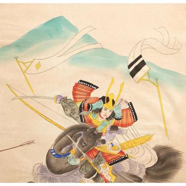 Showa Era Japanese Watercolor Painting of Samurai on a horse during a battle. Signed and sealed by artist. Watercolor and...