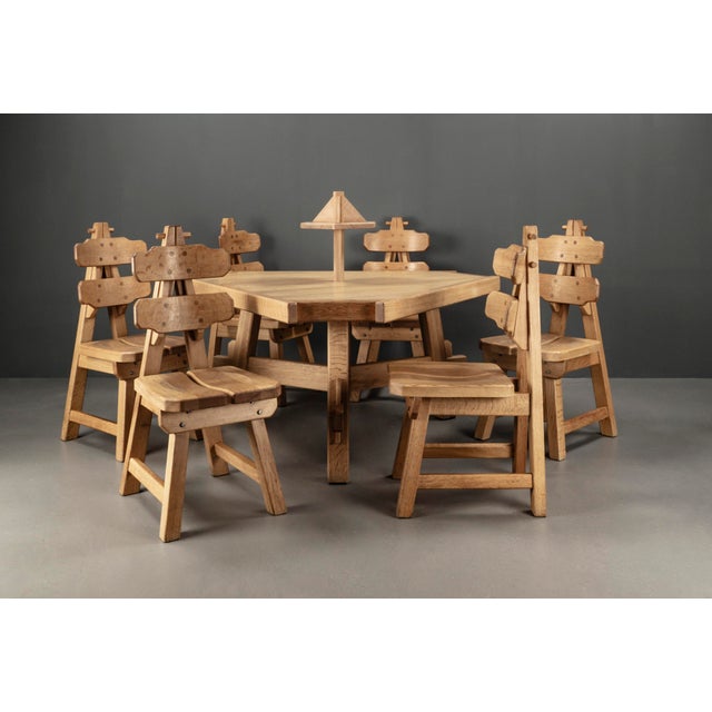 Brutalist Triangular Oak Dining Table and Chairs, Netherlands, 1960s, Set of 8 For Sale - Image 10 of 18