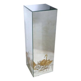 Hollywood Regency Style Mirrored Pedestal With Gold Fold Cranes and Foliate For Sale