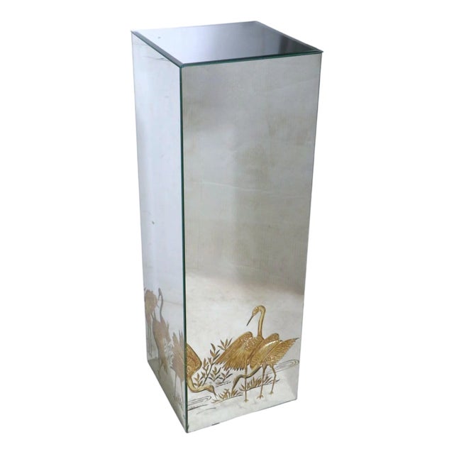 Hollywood RFegency Style Mirrored Pedestal With Gold Fold Cranes and Foliate For Sale