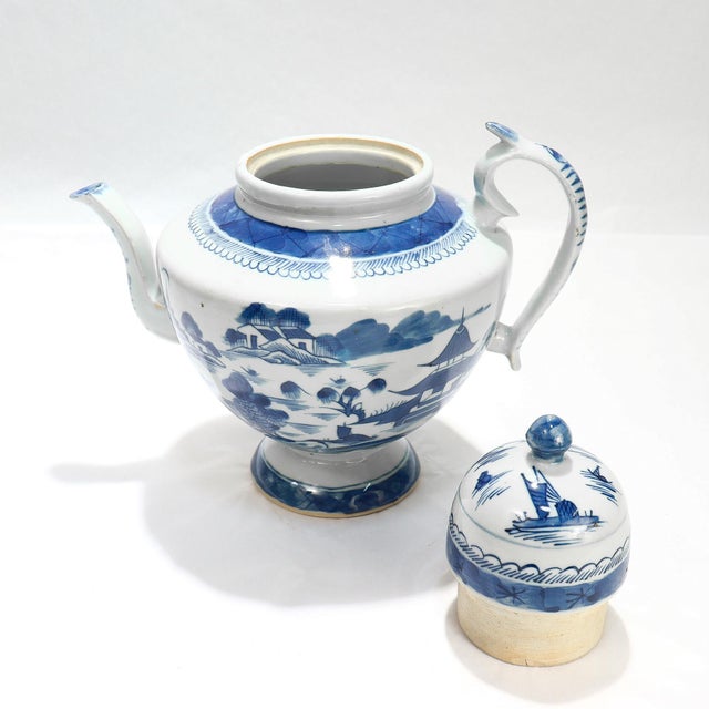 White Antique Chinese Export Blue & White Canton Porcelain Tea Pot For Sale - Image 8 of 18
