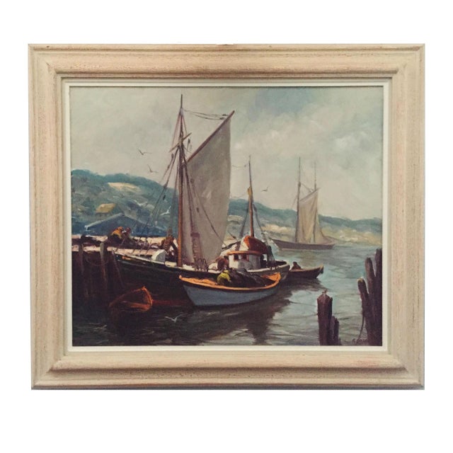 A striking harbor scene by listed New Jersey born artist, Edward Garbely (1908-1999); circa 1950. Signed "E. Garbely in...
