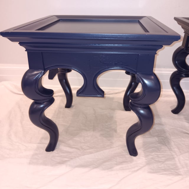Mid Century Modern/Hollywood Regency/French Provincial Solid Wood Navy Blue End Table - A Pair For Sale - Image 18 of 18