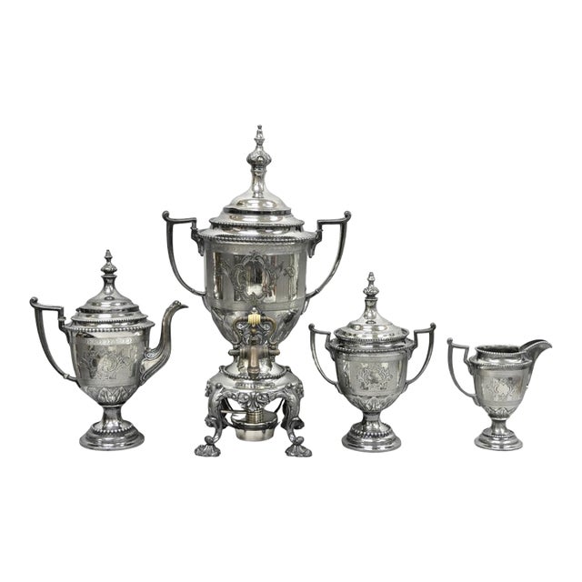 Antique Reed & Barton 1929 English Regency Silver Plated Samovar Tea Set - 4 PCS For Sale