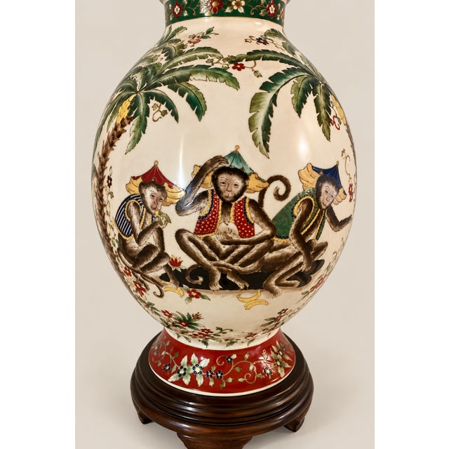 Frederick Cooper Vintage Fredrick Cooper Chinoiserie Asian Ralph Lauren Style Handpainted With Palm Trees & Fez Monkeys Table Lamp For Sale - Image 4 of 11
