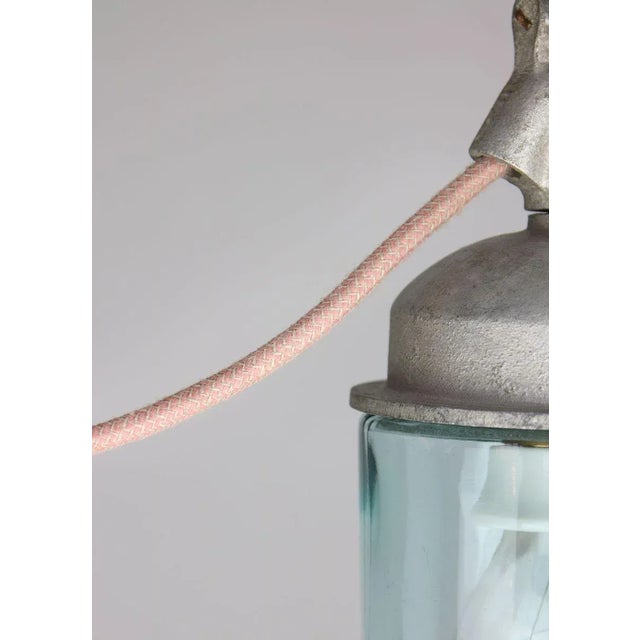 Vintage Industrial Blue Glass and Grey Metal Pendant Lamps, 1950s, Set of 2 For Sale - Image 14 of 16